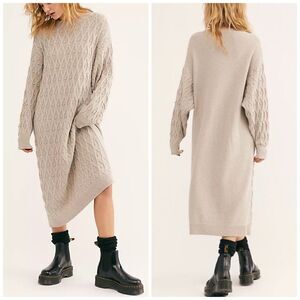 Free People Nicole Oversized Midi Sweater Dress Cable Knit Beige Women Size XS